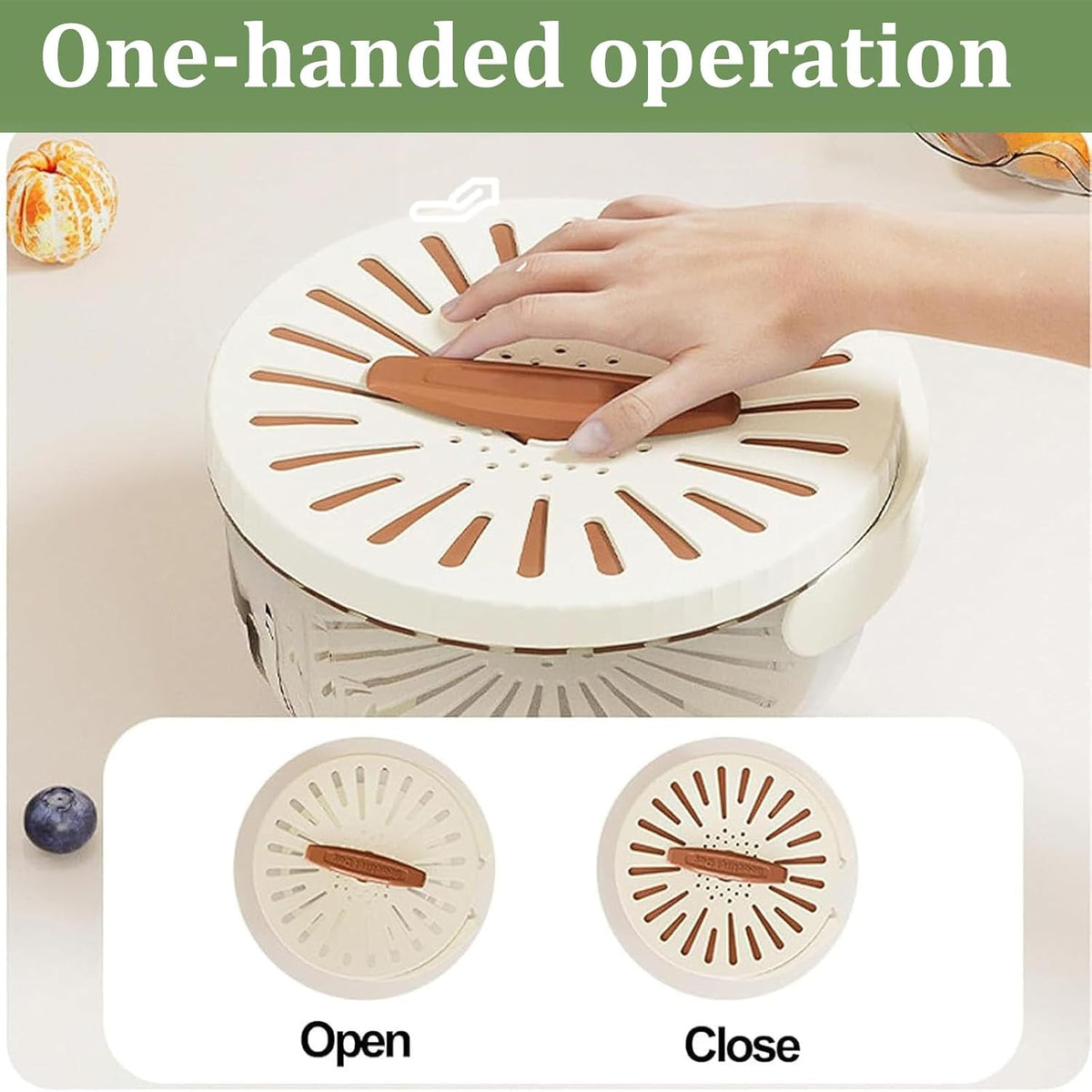 2 in 1 Fruit Vegetable Washing Bowl with Strainer, 1 QT Multipurpose Drain Basket with Lid & Foldable Handle, Fruit Strainer Container for Kitchen, Fridge, Picnics, Apartment, BPA-Free Material