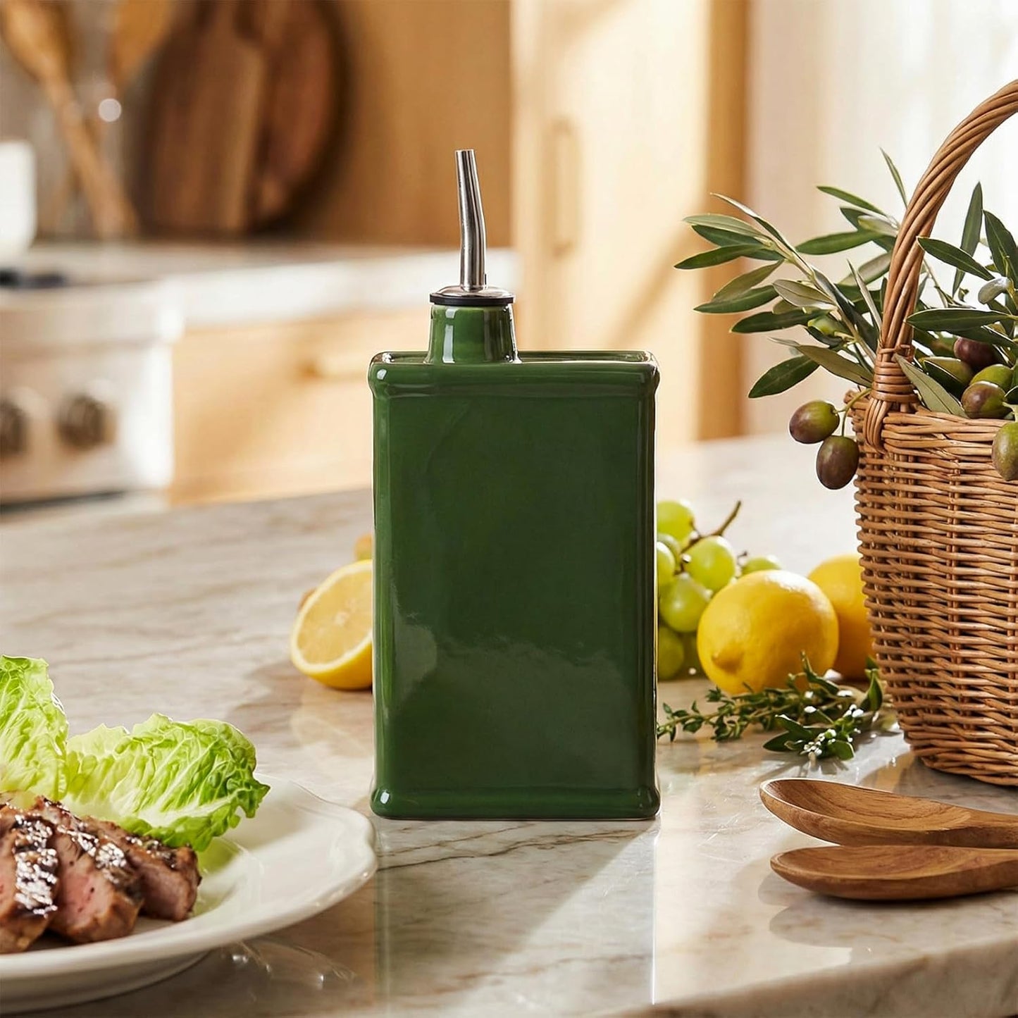20 oz Ceramic Olive Oil Dispenser Bottle Green Olive Oil Dispenser Large Capacity Vinegar Cruet with Stainless Steel Spout for Storage Vinegar, Coffee Syrups and Other Liquids
