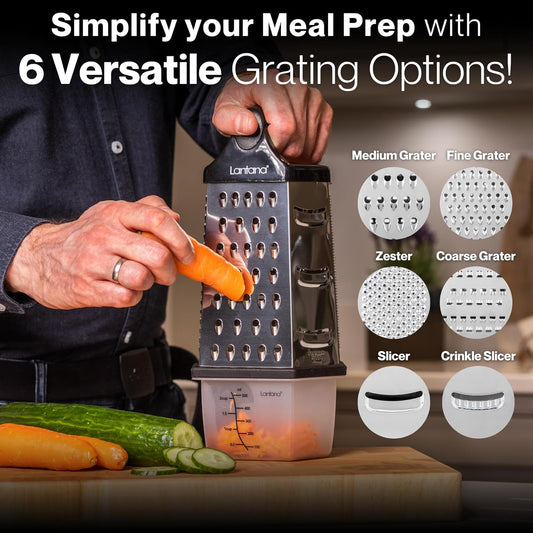 Cheese Grater with Container, Handheld Shredder, Zester (6 in 1) | 6 grating functions, coarse, medium, fine, micro, slicer blades, non-slip base, fitted measuring container with lid