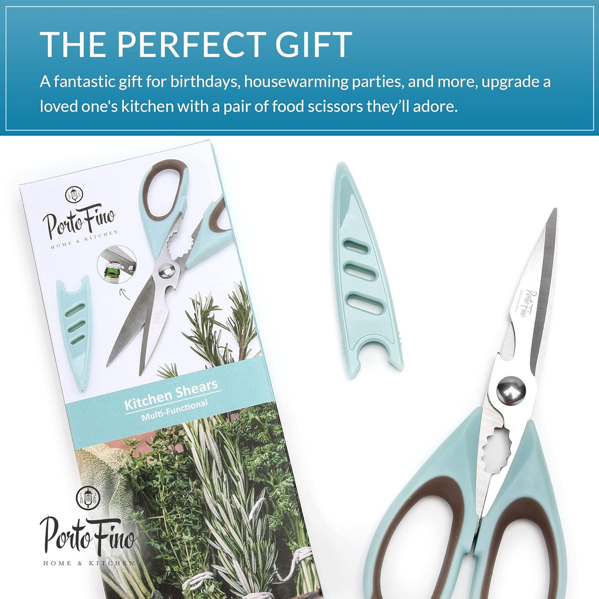 PortoFino Kitchen Scissors for Food, Stainless Steel Shears, Cooking Scissors for Chicken, Fish, Herbs, Lightweight and designed with a soft Non-Slip Grip, Protect Cover, Dishwasher Safe, Blue
