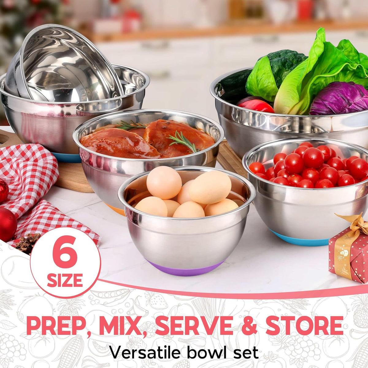 Mixing Bowls with Lids Set of 6, Large Metal Nesting Mixing Bowls, Stainless Steel Non-Slip Salad Bowl Khaki – Size 0.7, 1, 1.5, 2, 2.6, 4.6QT