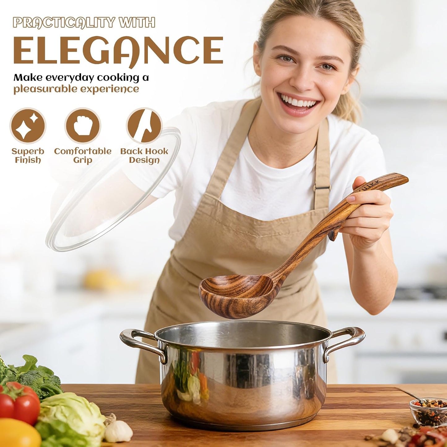 3 Size Natural Wooden Ladle for Soup, Teak Wood Ladle Spoon with Back Hooks | Heat-Resistant & Non-Stick Wood Kitchen Utensils Set for Cooking, Serving & Stirring, Comfortable Grip, Safe for Cookware