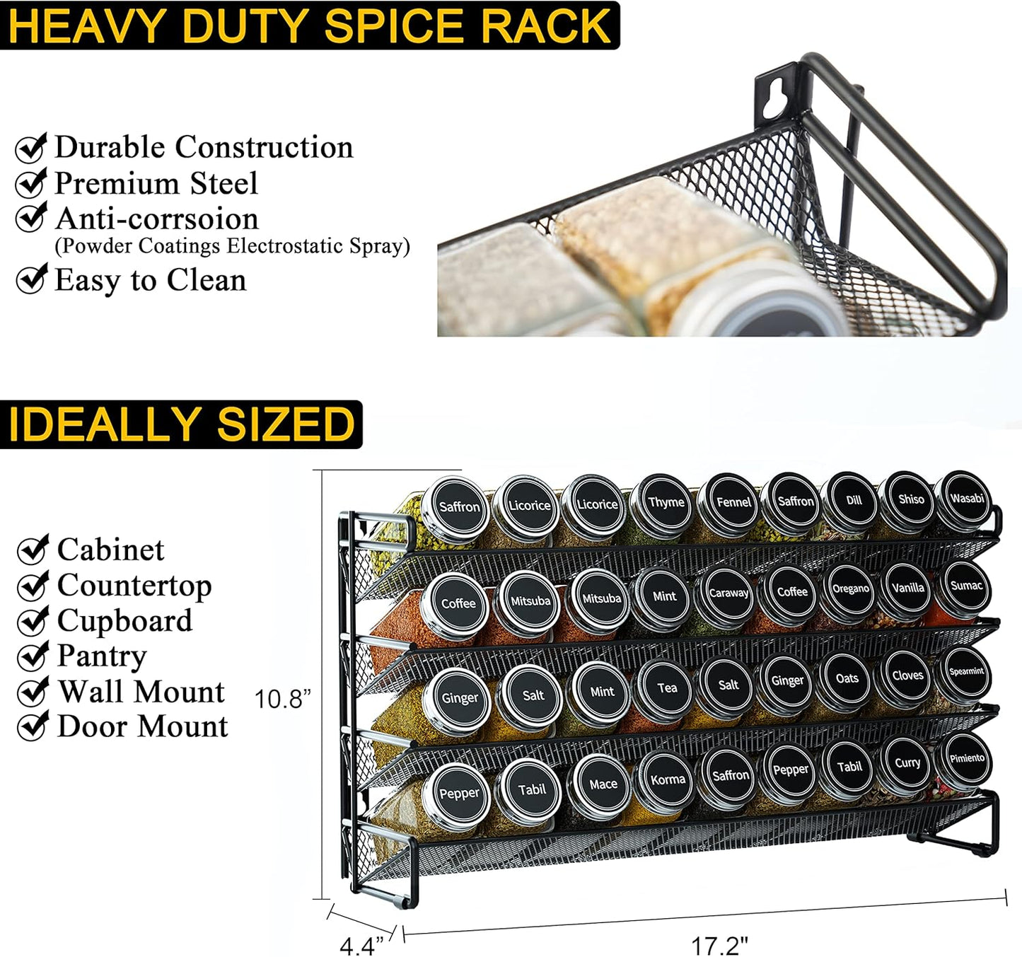 Spice Rack Organizer with 32 Spice Jars, 386 Spice Labels, Chalk Marker and Funnel Set for Cabinet, Countertop, Pantry, Cupboard or Door & Wall Mount - 32 Jars, 15.3" W × 10.8" H, Black