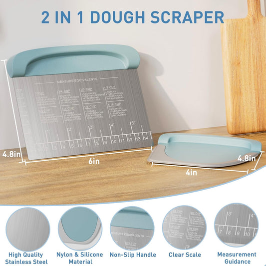 2 IN 1 Upgrade Bench Scraper, Dough Scraper, Stainless Steeel with Scale | Dough Cutter,Bowl/Food Scraper for Kitchen Baking,With Conversion Chart,for Pastry Bread,Pizza,Cookies,Cake,Blue