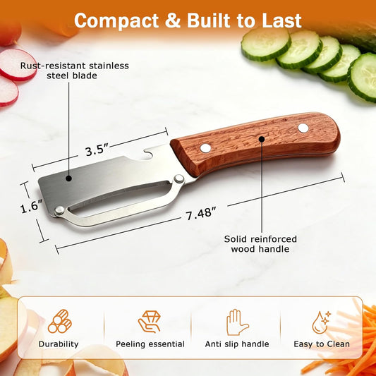3 PCS Peeler with Wooden Handle, Bottle Opener, Vegetable Fruit Skin Peeling, Stainless Steel Blade Kitchen Tool