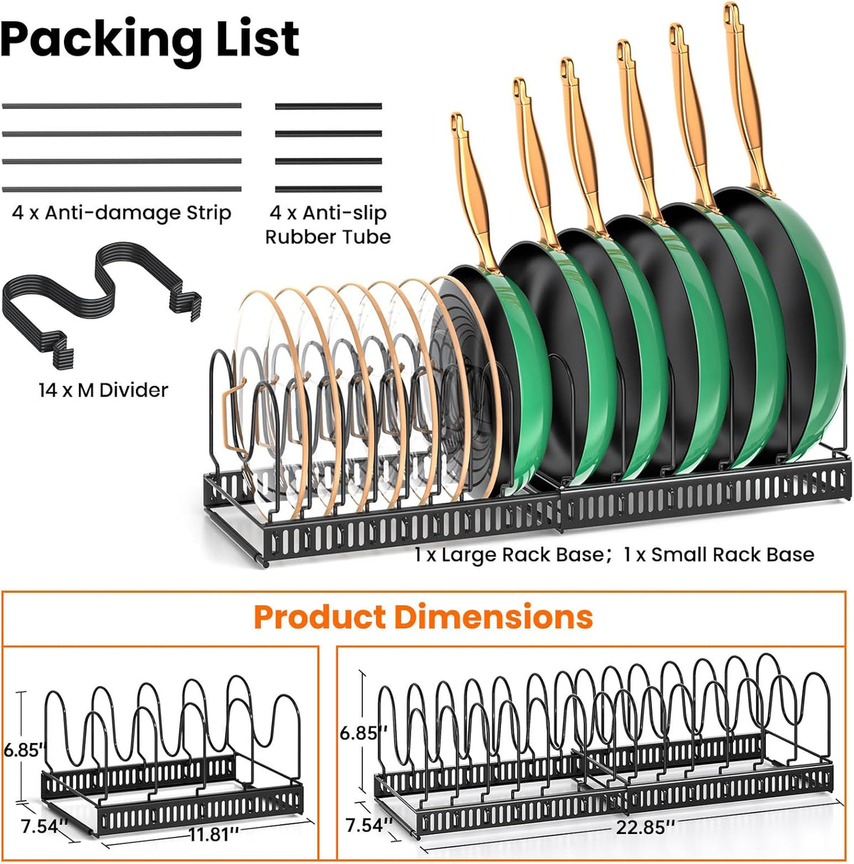 Expandable Pot Pan Lid Organizers inside Cabinet, 10 Divider-Black | Expandable 11.8–22.9", 10 Adjustable Divider, Tool-Free Assembly, Non-Slip, Scratch-Proof, For Pan Lid Cutting Board Bakeware