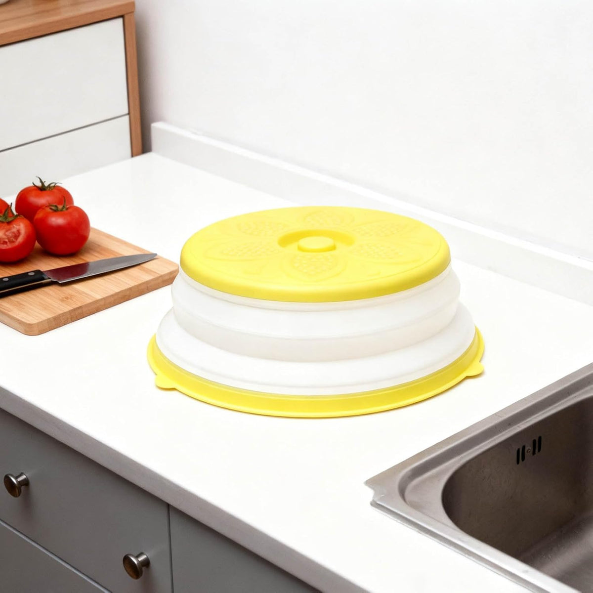 Microwave Splatter Cover, Collapsible Microwave Plate Cover Vented for Food Splatter Guard Fruit Drainer Basket Colander Kitchen Gadget (Yellow)