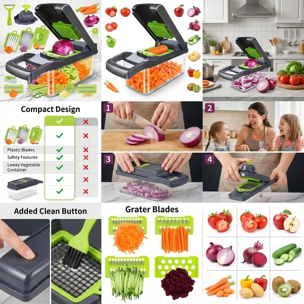 All in One Vegetable Chopper, 16 Blade Slicer for Kitchen, Food Chopper, Vegetable Slicer and Spiralizer, Cutter, Dicer, Grater, Kitchen Gadgets Sets with Container