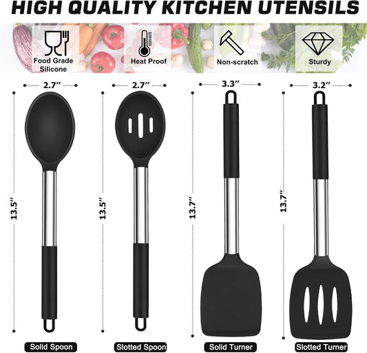 Kitchen Utensils, 4 PCS Silicone Cooking Utensils Spatula Spoon Set | with Stainless Steel Handle, for Frying Mixing Draining Turning, Healthy & Heat-proof, Non-stick & Dishwasher Safe - Black