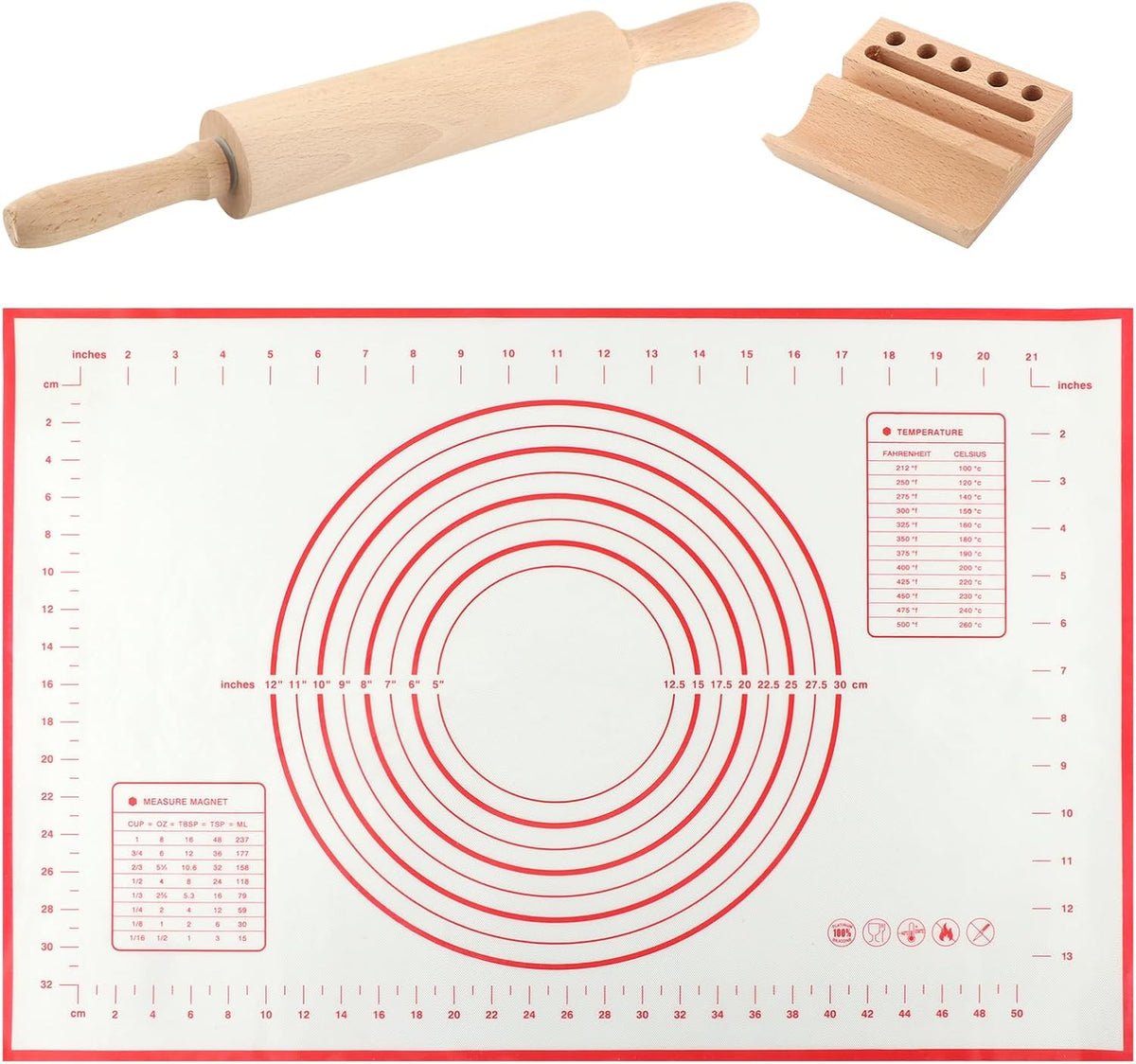Wood Rolling Pin with Silicone Baking Mat and Wooden Base