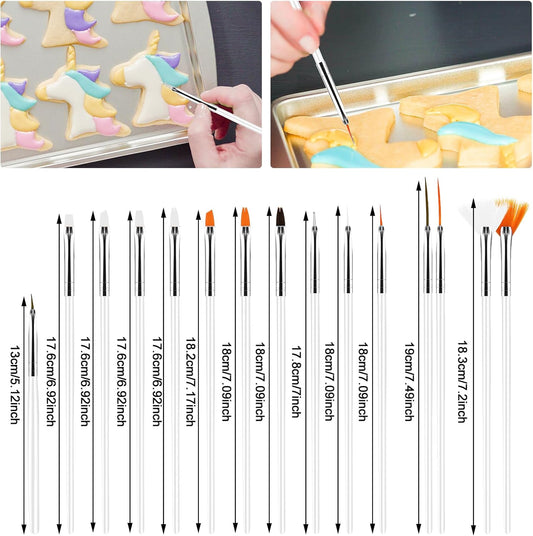 15Pcs Cake Decorating Brushes, Cake Painting Brushes Kit Food Safe Paint Brushes Multiple Function Cookie Brushes Fondant Sugar DIY Tool Set Candy Icing Pastry Brush for Baking(White)