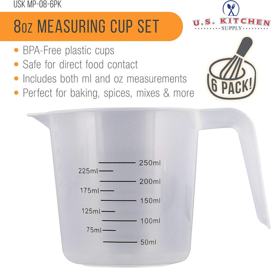 Plastic Measuring Cups with Handles - 8 oz (250 ml) Liquid Measuring Cup Set of 6 - Clear Microwave Safe Kitchen Cups - Measure in mL or Ounces, Measurement Cup for Cooking
