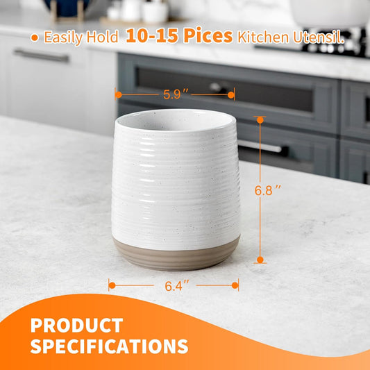 6.8" Large Ceramic Kitchen Utensil Holder | Utensil Holder for Kitchen Counter, Modern Farmhouse Style Holder for Spoons, Spatulas & Cooking Tools (White)