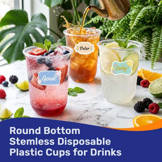 50 Pack 16 oz Clear Disposable Plastic Cups with Sticker Designs | Round Bottom Cocktail Cups for Party, Drinks and Cold Beverage, Wine Glasses for Wedding, Birthday, Gathering, Christmas