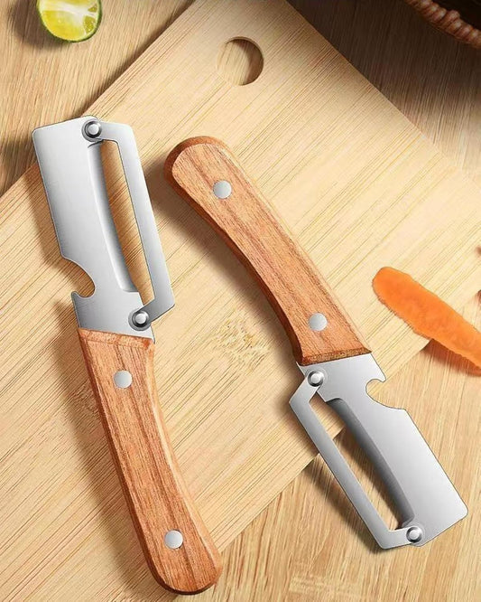 Multi-Functional Vegetable Peeler with Wooden Handle - Stainless Steel Blade Fruit Peeler & Bottle Opener Kitchen Gadget for Potato, Carrot, Pineapple (1 Pack)