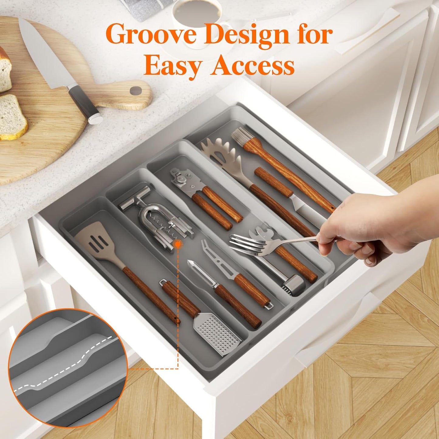 Utensil Organizer for Kitchen Drawer, Expandable Cooking Silverware Tray, Adjustable Cutlery Flatware Holder, Plastic Spatula Tools Storage Divider, 14.4 x 15.8", Black
