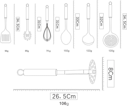 Cooking Utensil Set 8 Piece, Stainless Steel Kitchen Tool Set with Stand,Cooking Utensils, Slotted Tuner, Ladle, Skimmer, Serving Spoon, Pasta Server,Potato Maseher, Egg Whisk. (8 Pieces)