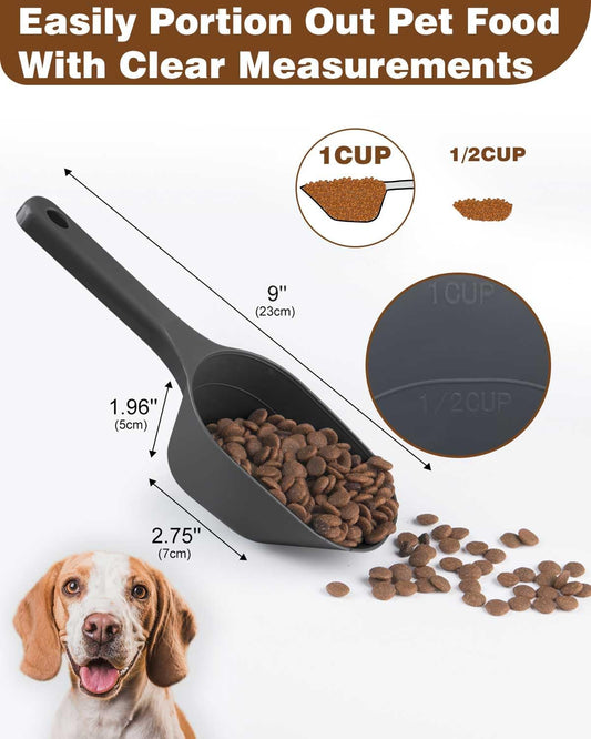 3PACK Dog-Cat Food-Scoop Measuring-Cup,1 Cup Capacity Versatile Plastic Pet Food Scoop with Measuring Lines 1 Cup and 1/2 Cup for Precise Portion Control (Black, Grey and Green)