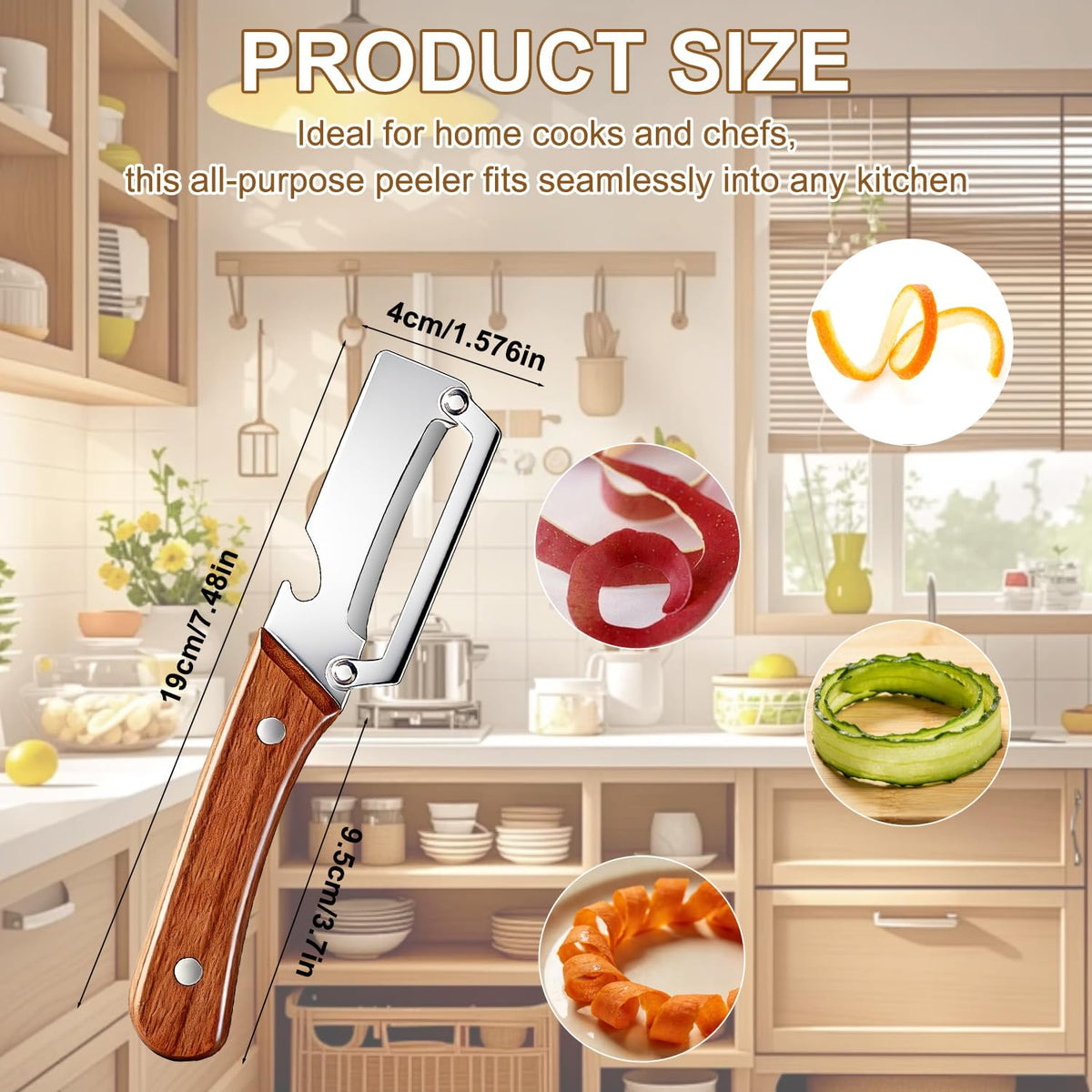 Multi-Functional Vegetable Peeler for Kitchen, With Wooden Handle and Bottle Opener, Comfortable and non-slip handle Stainless Steel Blade Easy to Clean for Fruit Potato Pumpkin Papaya (2 PCS)