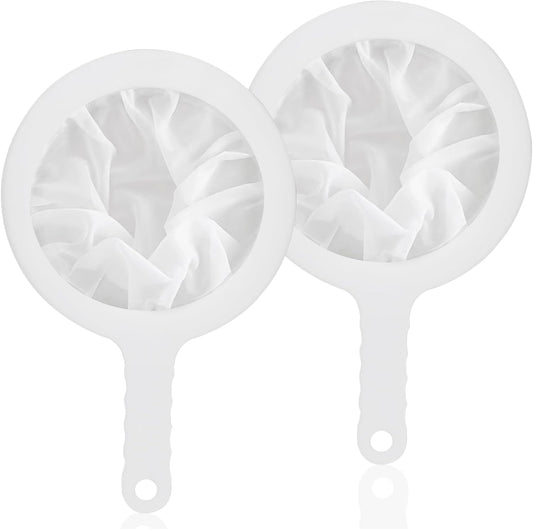 2 Pcs Nylon Mesh Strainers 100 400 Kitchen Sieve With Handle White | BPA-Free Food-Grade PP Nylon, 5.7" Fits Most Pots, Odorless Sturdy Daily Use, Flip Mesh Rinse Clean, Hanging Hole Storage