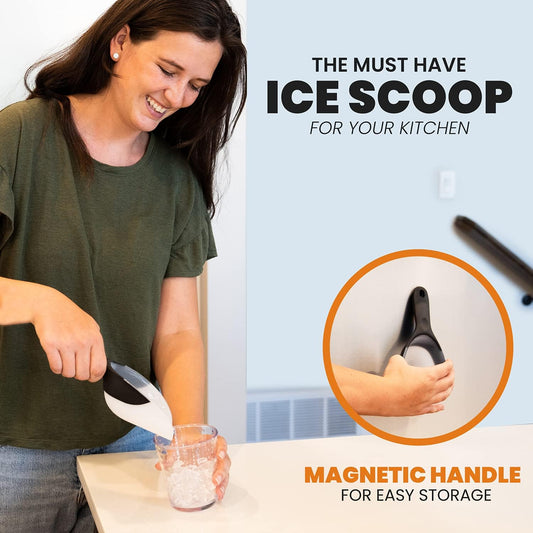 Magnetic Ice Scoop for Freezer, BPA-Free Food Scooper, Black | Flexi-Plastic Popcorn Scoop with Soft Grip Handle - Dishwasher Safe Ice Scooper - Food Scooper for Flour, Grains, Pet Food