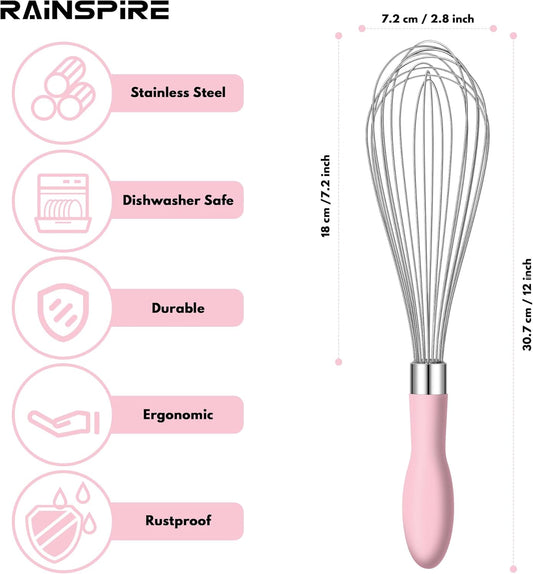 12-Inch Wire Whisk Stainless Steel, Balloon Whisks for Cooking, Wisk Wisking Tool With Soft Silicone Handle, Thick Durable Whisker for Blending, Beating, Whisking, Stirring, Pink