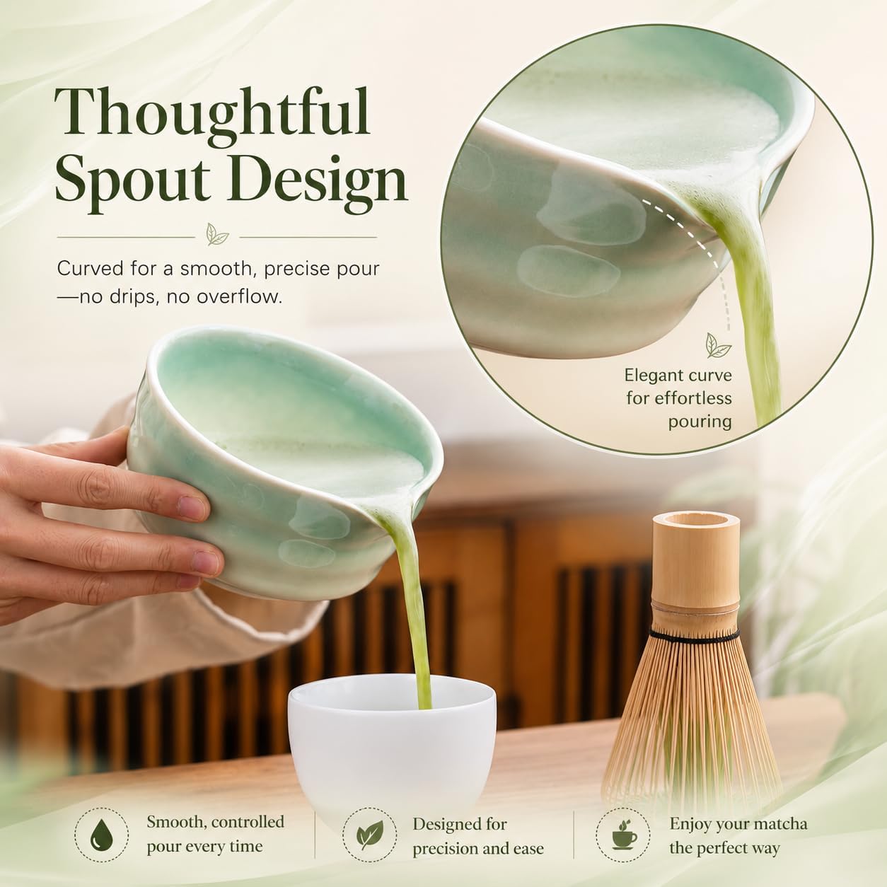 Matcha Set, Matcha Bowl with Spout, Matcha Whisk and Holder, Bamboo matcha Scoop and Stainless Sifter - 5 Pcs Jade Green Matcha Set Kit for Matcha Lover