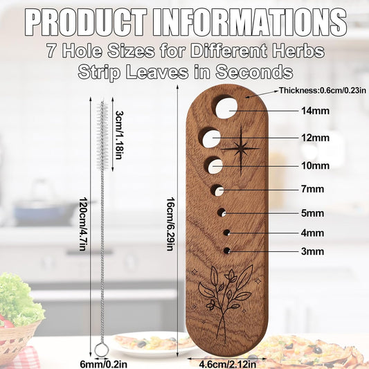 2 Pcs Wooden Vegetable Leaf Separator Herb Stripper Tool Supplies with Cleaning Brush Wood Leaf Peeler Tool 7 Hole Sizes Fun Kitchen Gadget Herb Stripper Bowl Gifts for Home Cooks Chefs