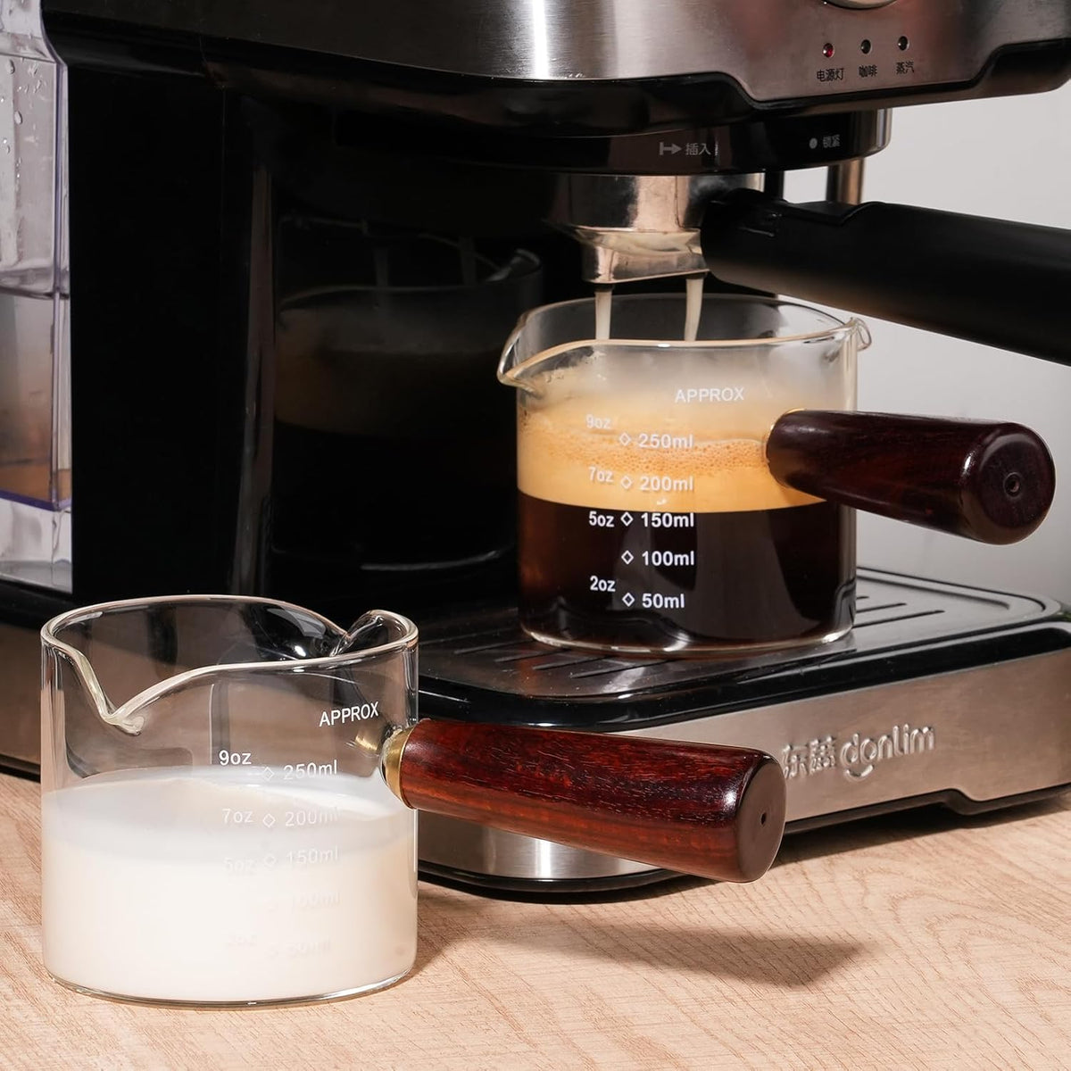 250ML/8.5OZ Measuring Cup Espresso Shot Glasses Double Spouts Large Coffee Cup with Wood Handle Triple Pitcher Milk Cup Parts Clear Glass (250ml-1pack)
