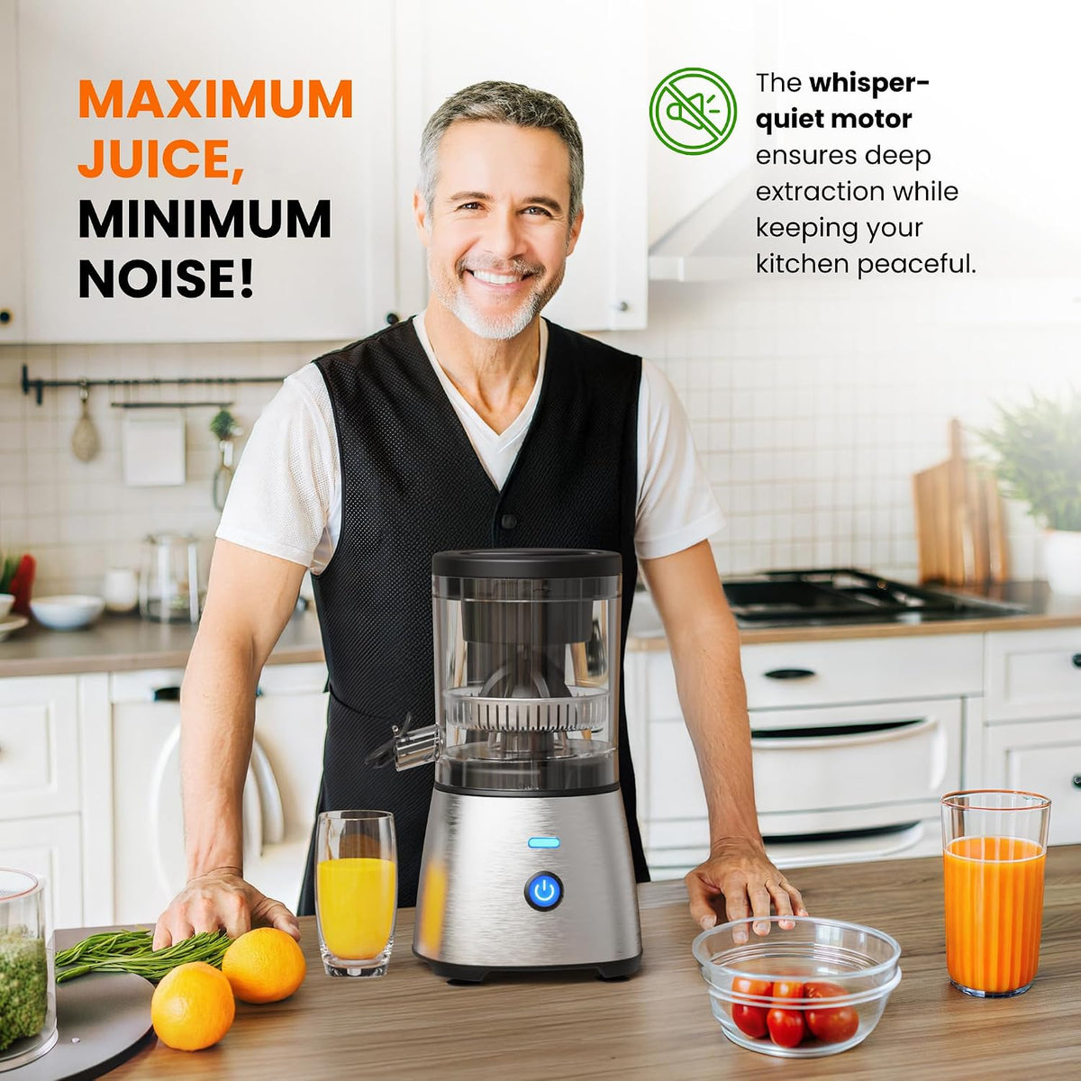 Electric Citrus Juicer Stainless Steel | Premium Hands-Free One-Touch Orange Juice Squeezer for Oranges, Lemons, and Limes | Quiet Operation, Easy to Clean, Countertop Small Kitchen Appliance