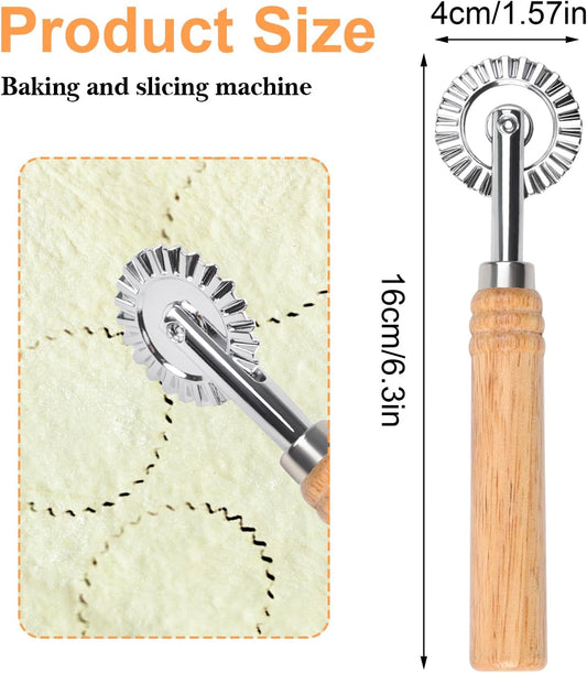 Pastry Wheel Cutter, Stainless Steel Ravioli Cutter, Fluted Pastry Wheel with Long Wooden Handle for Home Making Pasta Pizza Ravioli Cookie Tools