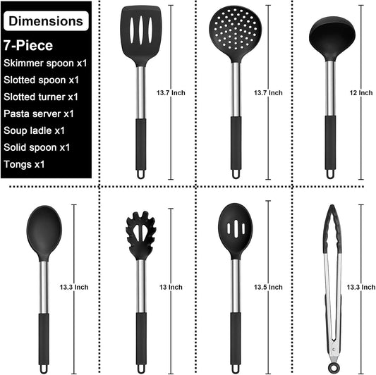 Silicone Cooking Utensils Set, 7 Pcs Heat Resistant Kitchen Utensils with Stainless Steel Handle, Slotted Turner, Spoon, Soup Ladle, Pasta Server, Skimmer, Tongs for Nonstick Cookware, Black