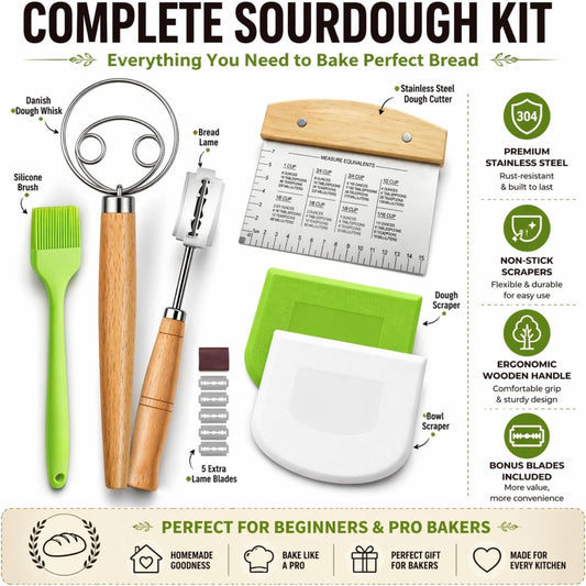 Sourdough Bread Baking Tool Set with Danish Dough Whisk, Bread Lame & Blades, Bench Scraper, Dough Scrapers and Silicone Brush – Sourdough Starter Kit