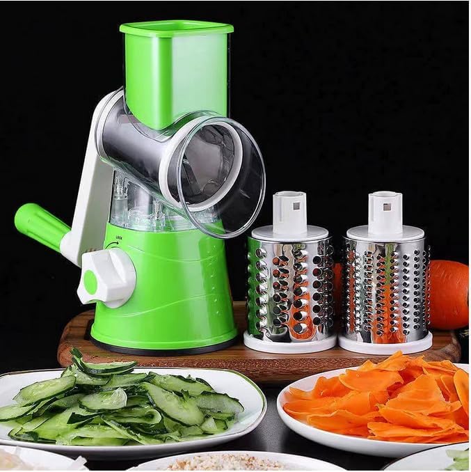 Rotary Cheese Grater, Kitchen Mandoline Vegetable Slicer with 3 Interchangeable Blades, Easy to Clean Grater for Fruit, Vegetables, Nuts