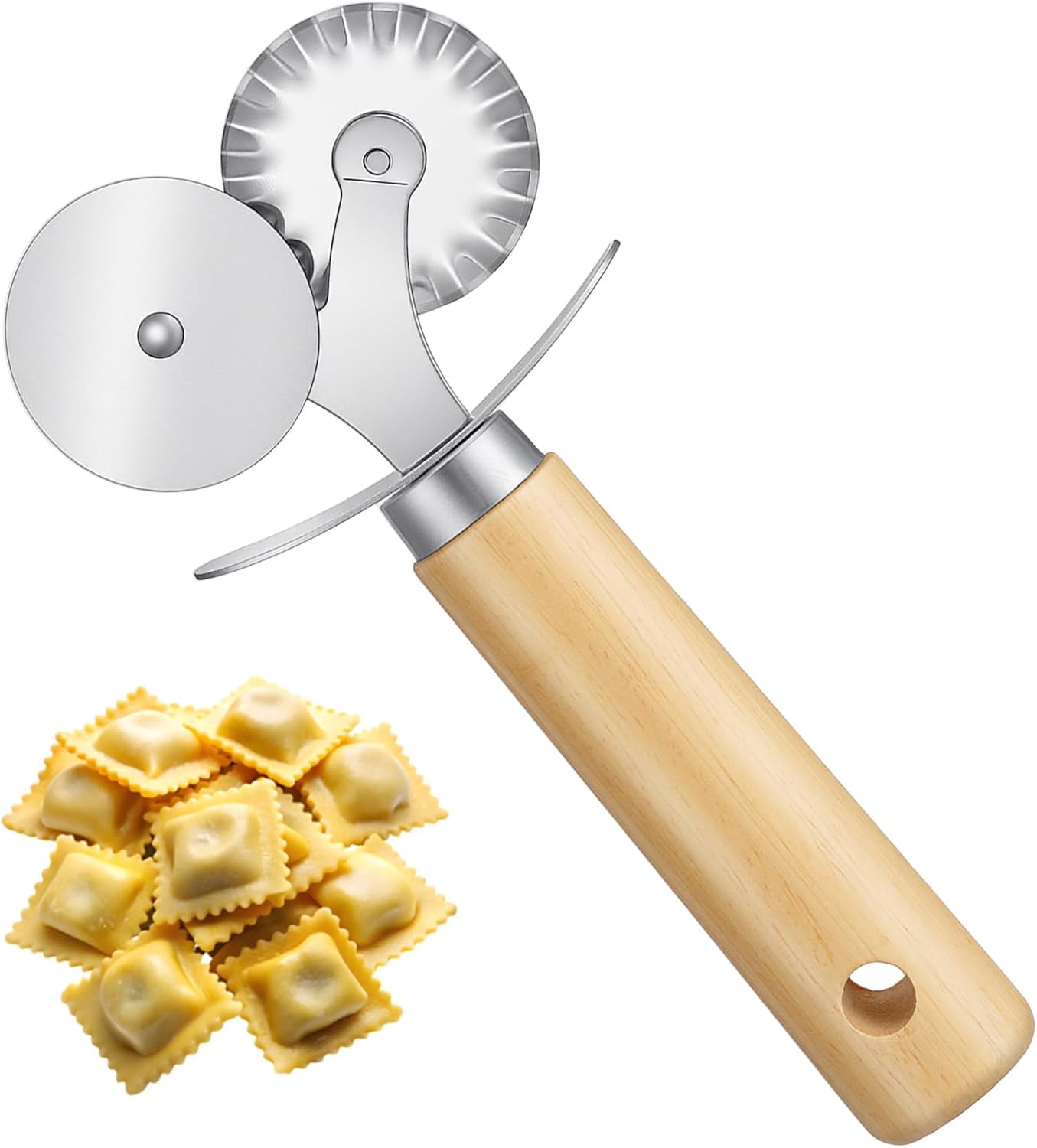 Double Wheel Fluted Pastry Cutter Roller Ravioli Pasta Crinkle Pizza Cutters Crimper Wheel with Wooden Handle for Dumpling Lace Dough Noodle Cookie, Food Cutting Tool for Home and Kitchen Use