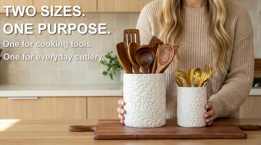 Large 7.3"+5.4" Engraved Ceramic Utensil Holder for Countertop, Cooking Utensils Organizer for Spatula, Large Utensils Crock for Kitchen Counter, Kitchen Decor, set of 2, White