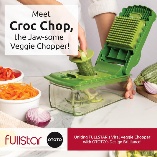 X OTOTO Croc Chop - Vegetable Chopper & Spiralizer | 4 in 1 Veggie Chopper & Spiralizer - Stainless Steel Blades & 5-Cup Container - Cool Kitchen Gadget Crocodile Design