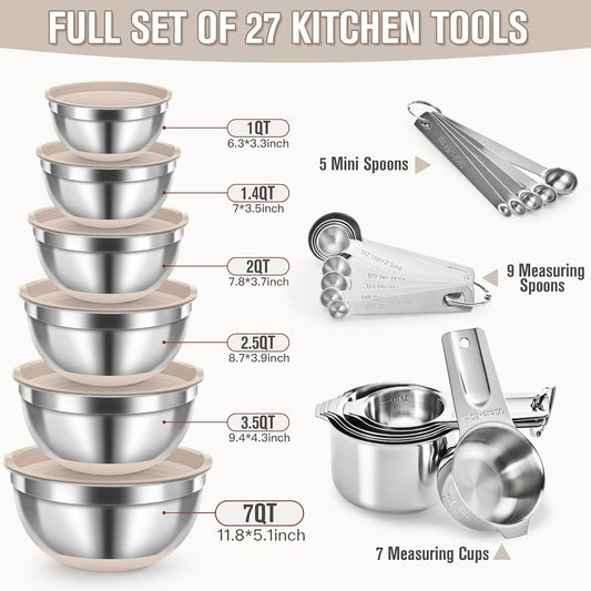 7QT 30PCS Mixing Bowls with Lids Set, 7QT to 1QT Stainless Steel Nesting Bowls with Graters, Non-Slip Silicone Bottom, Large Khaki Bowls & 21 Measuring Cups and Spoons Set Kitchen Appliances