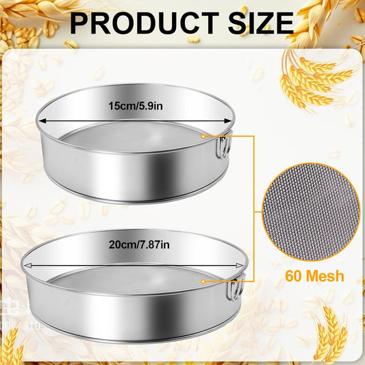2 Pcs Round Flour Sieve Stainless Steel Round Flour Sifter 8 Inch and 6 Inch 60 Mesh Fine Mesh Flouring Sieve for Baking Cake Bread