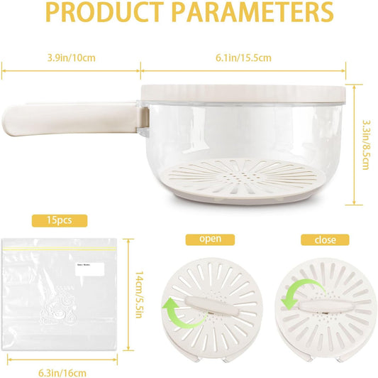 Fruit Washer Strainer, 2 in 1 Bowl with Foldable Handle, White, | Comes with 15 Pcs food storage bags, fruit storage container with strainer, perfect for kitchen, fridge and picnic, White