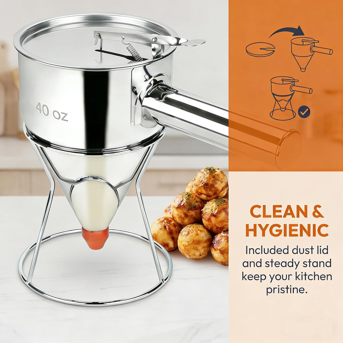 40oz 304 Stainless Steel Pancake Batter Dispenser, Dustproof Lid, 4 Nozzles