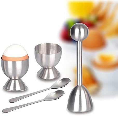 Xicennego Egg Cracker Topper Set of 5 - Includes 2 Egg Cups, 2 Spoons and 1 Cutter - Stainless Steel Easy Egg Opener