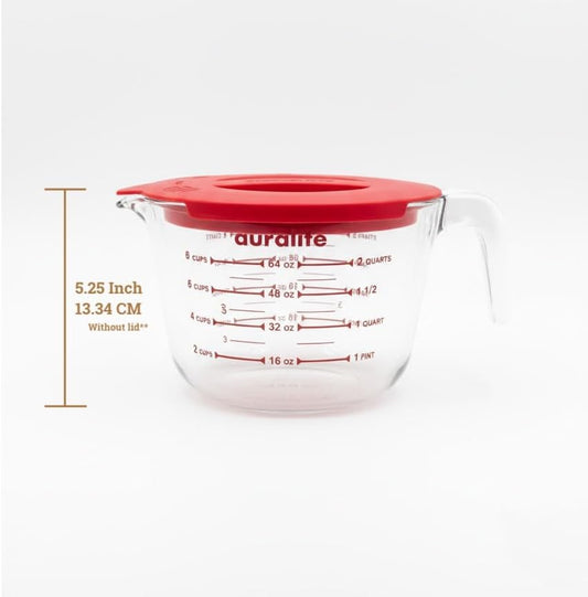 Auralite 8-Cup Borosilicate Glass Measuring Cup with Lid, 2 Quart, 2 Litre Large Glass Measuring Cup - Kitchen Mixing Bowl Liquid Measure Cups Glass Bakeware Set, Punch Bowl, Batter Bowl, 2Qt, 2L