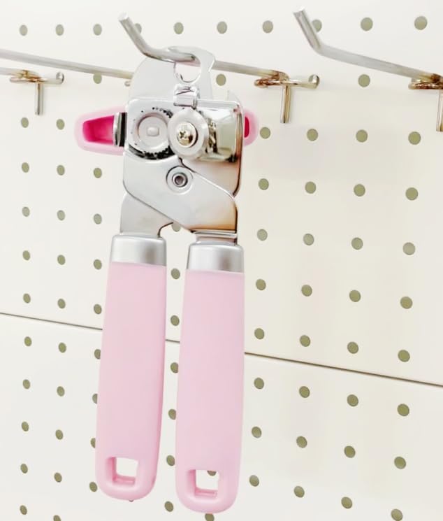Manual Can Opener, Handheld Comfortable Grip, Oversized Easy Turn Knob, Built in Bottle Opener, Hangs for Convenient Kitchen Storage, Easily Open Tin Cans for Smooth Edge, Pink (Pink, Single)
