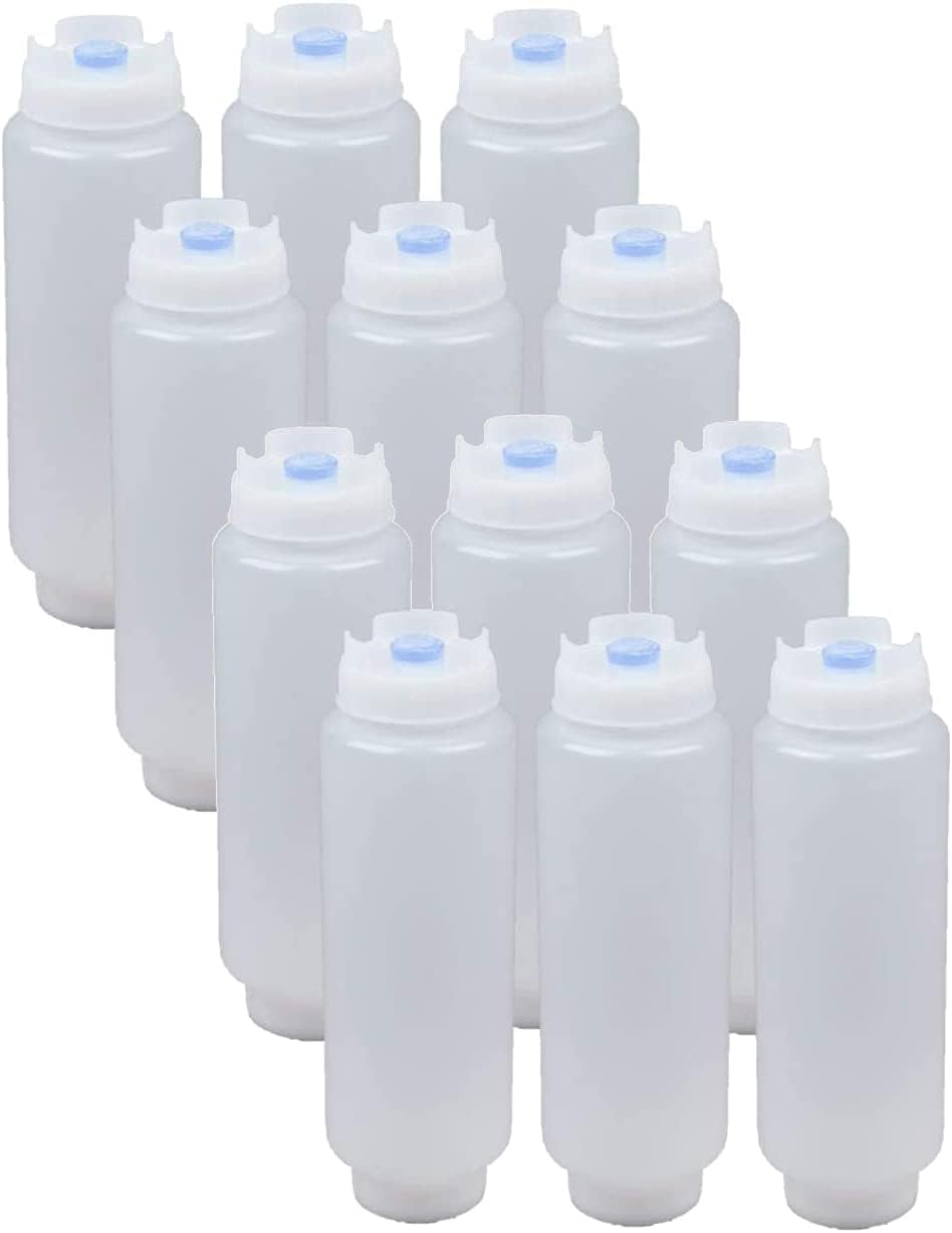 FIFO Squeeze Bottle Refillable 16 oz | Blue Tip Large Valve Dispenser for Thick Condiments, Sauces, Batter and Dressing | Self Sealing No Drip No Hassle | (12 Pack)
