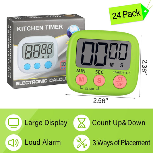 24 Pcs Digital Kitchen Timer Magnetic Timer Bulk On/Off Switch Minute Second Count up Countdown Loud Alarm for Exercise Cook Baking (Blue,Green)