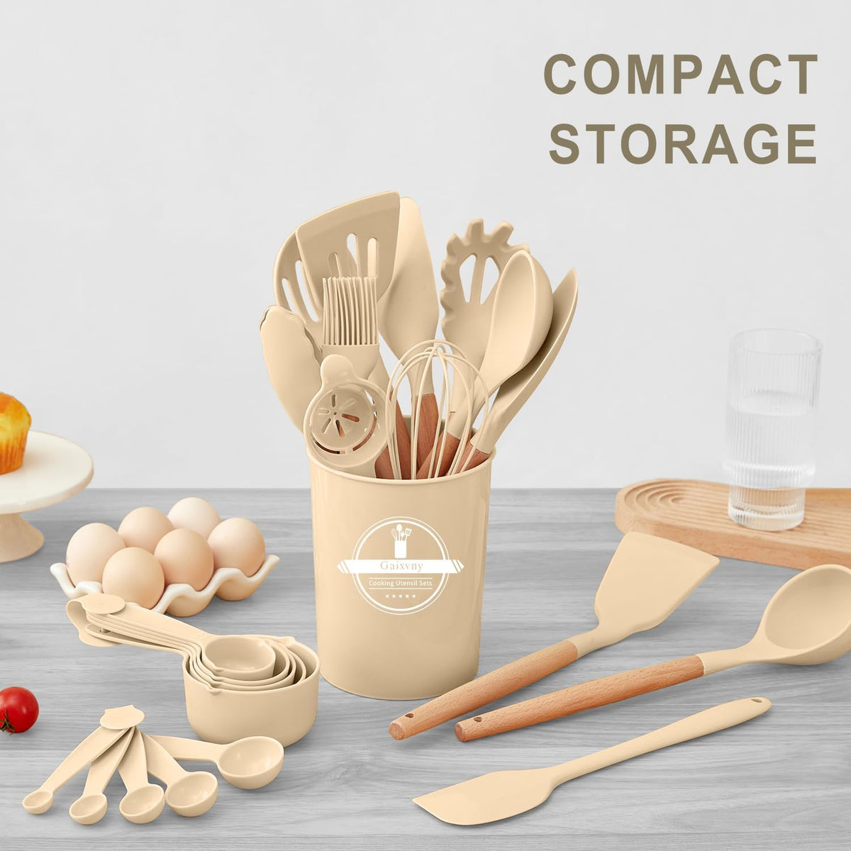 Kitchen Utensils Set - 7 PCS Non-Stick Silicone Cooking Utensils Set Spatula Set with Holder, Wooden Handle Spoon,Tongs,Whisk Kitchen Gadgets Tools Set for Nonstick Cookware (Black-7Max)