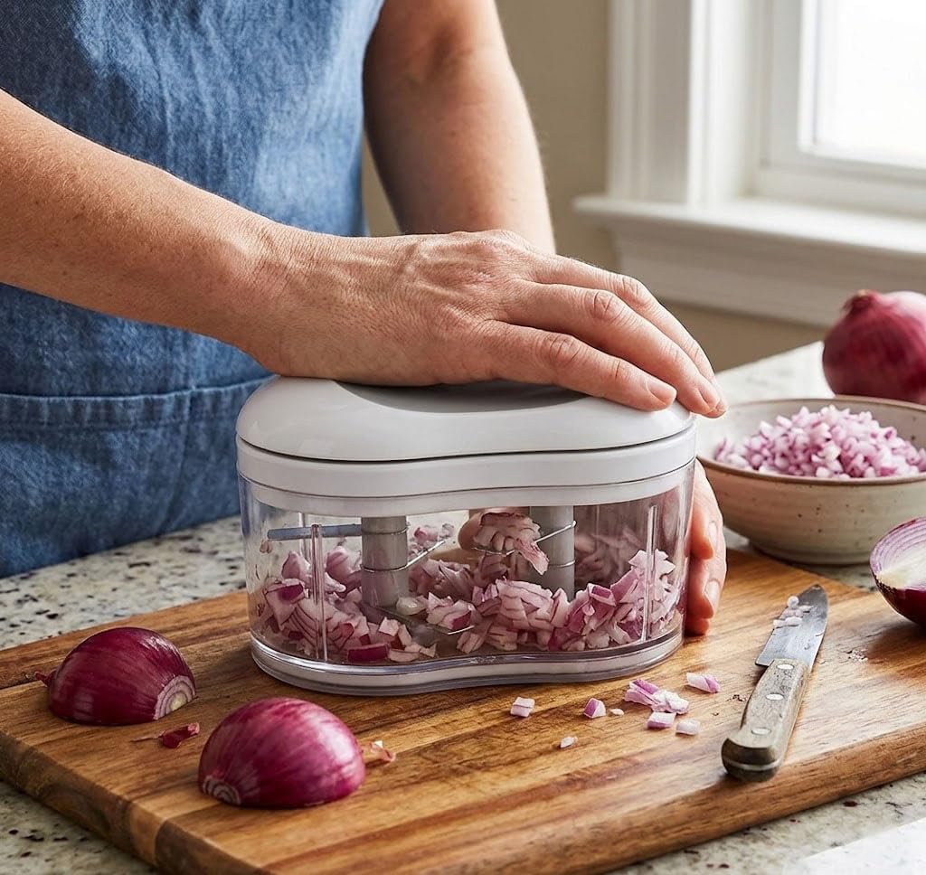 Garlic Dicer Push Chopper, Manual Hand Press Food Chopper for Garlic, Onion, Vegetables and Chili Peppers, Small Portable Handheld Vegetable Cutter for Kitchen