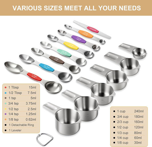 Stainless Steel Measuring Cups & Spoons Set, Kitchen Tools Nesting Measuring Cups and Spoons, Fits in Spice Jars for Baking & Cooking, BPA Free, Set of 15 with Leveler, Multicolor