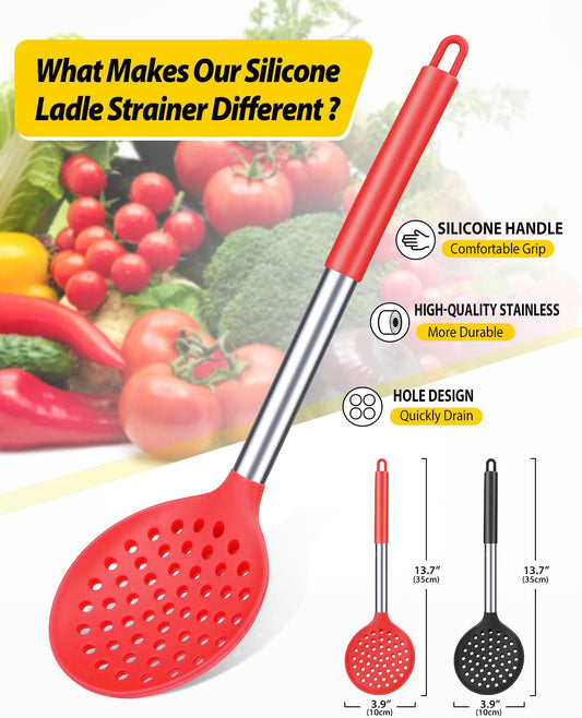 Silicone Kitchen Ladle Strainer, 2 Pack, Black-Red | Cooking Skimmer, Slotted Spoon, High Heat Resistant, BPA Free, Non Stick, Ideal for Draining and Frying